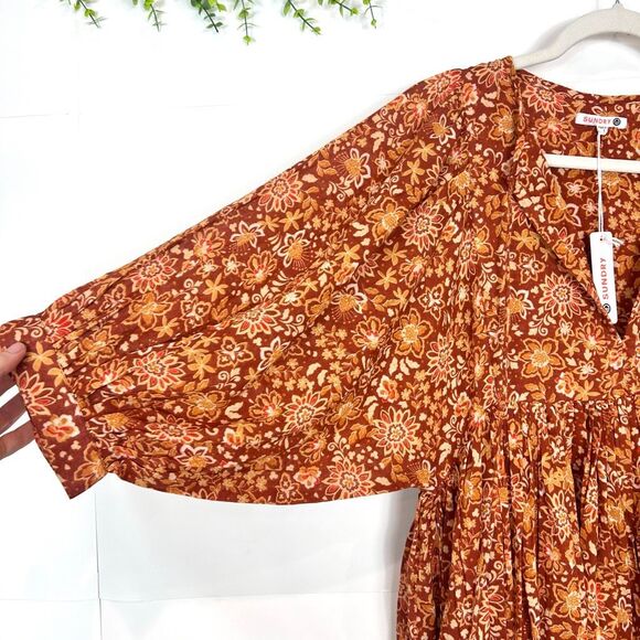 NWT Sundry Midi Dress Brown Orange Floral Cotton Boho Oversized Puff Sleeve S 1 - Picture 10 of 15